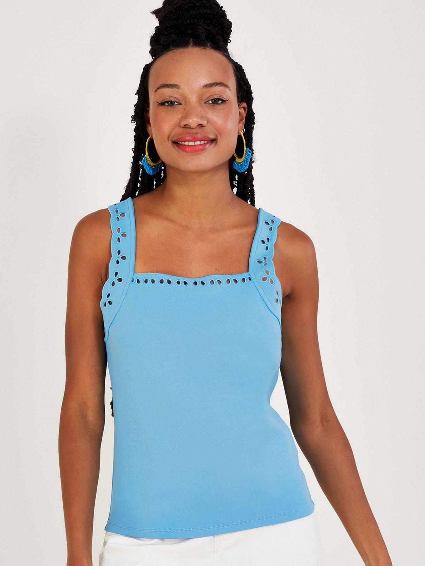Monsoon Embroidered Tank Top, Denim Blue, S