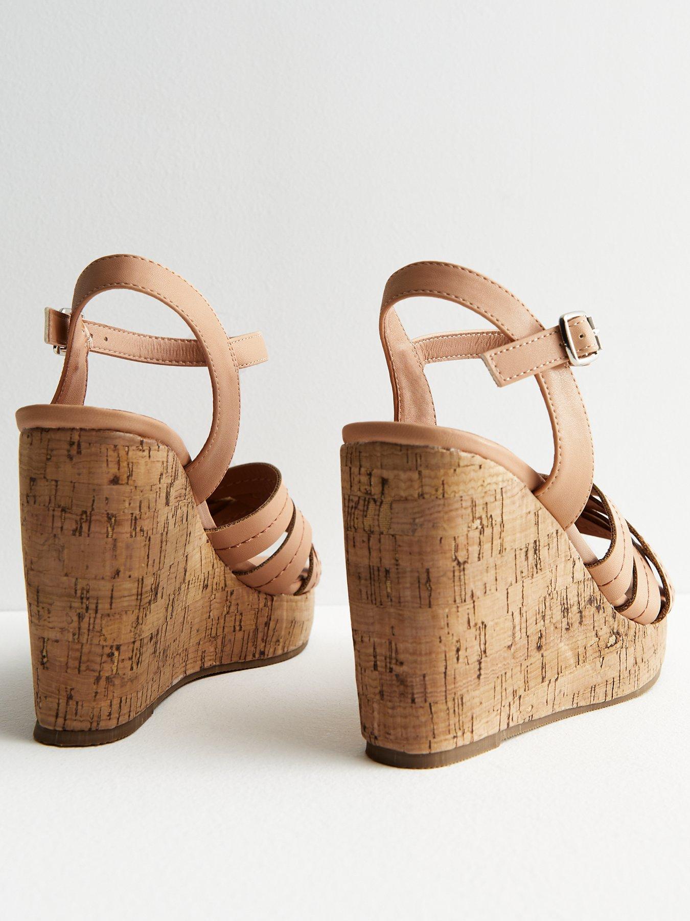 New Look Wide Fit Cream Leather Look Cork Wedge Heel Sandals