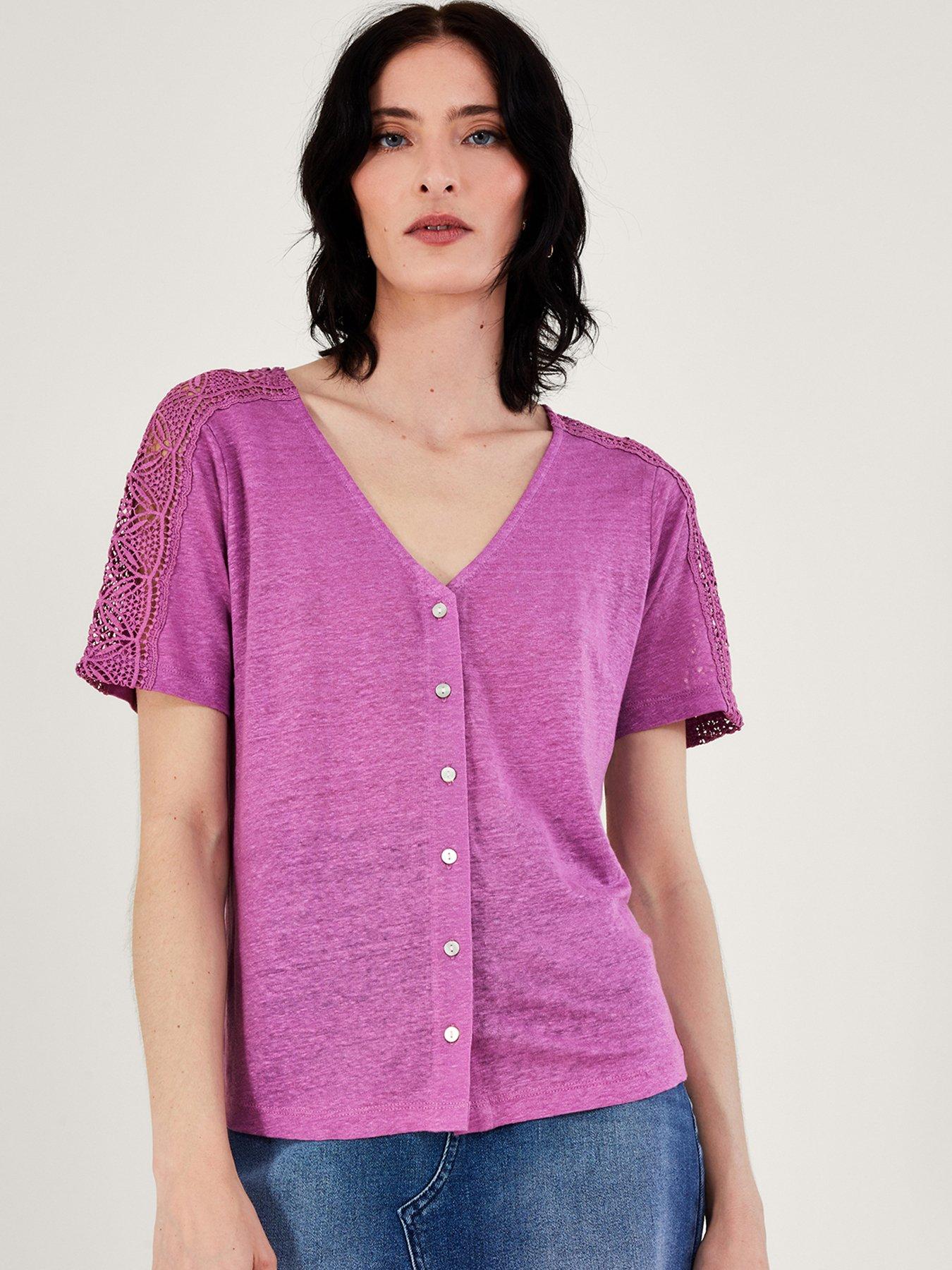 Image 1 of 5 of Monsoon Button Through Lace Short Sleeve Linen T