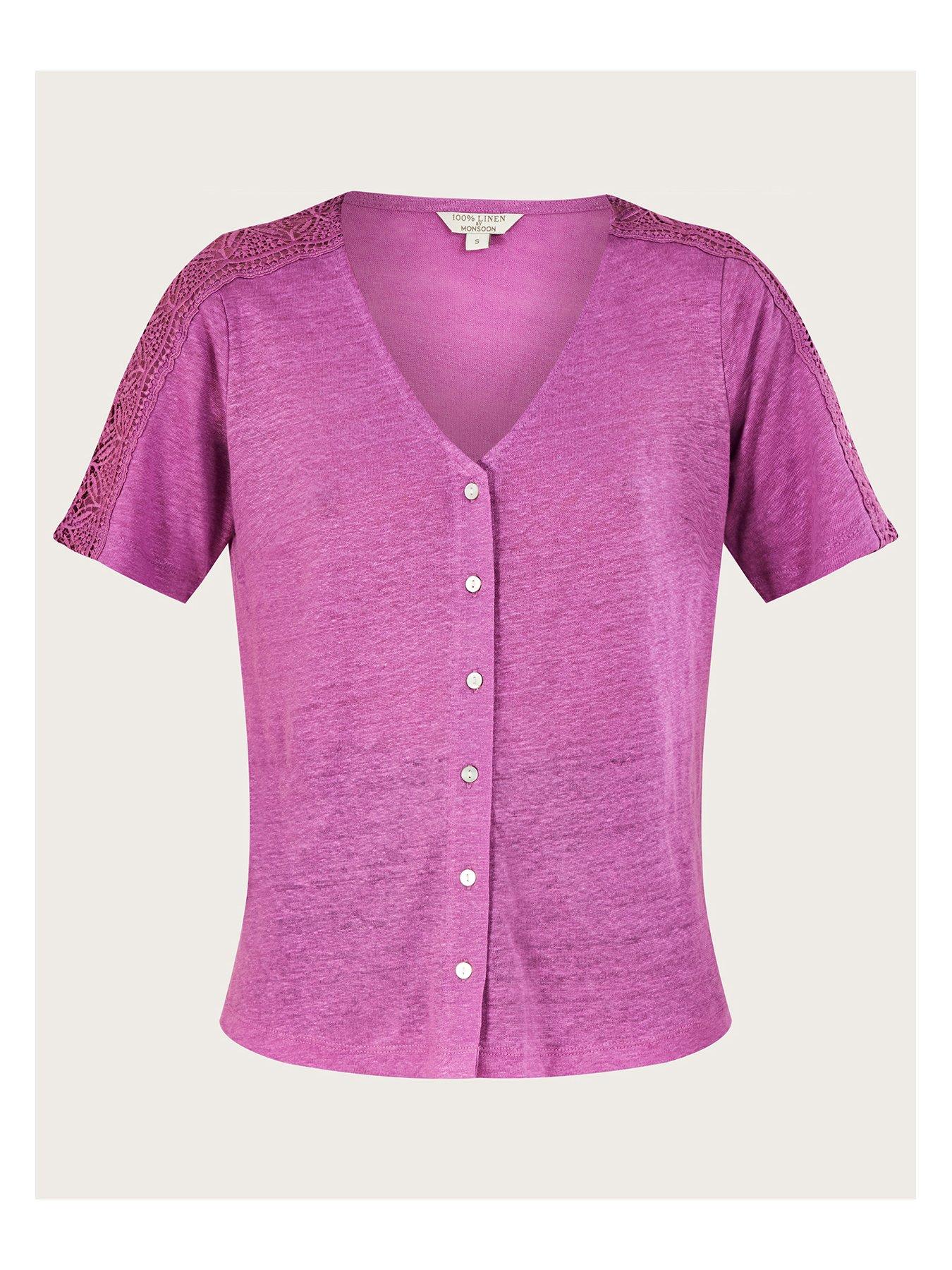 Image 4 of 5 of Monsoon Button Through Lace Short Sleeve Linen T