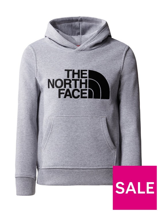 front image of the-north-face-older-boys-drew-peak-overhead-hoodie-light-grey