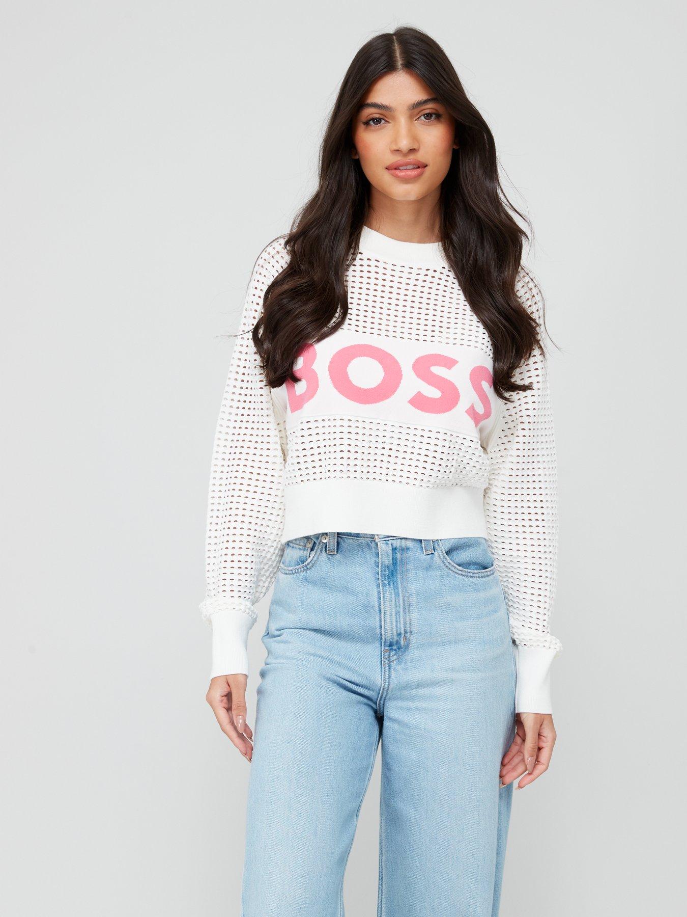 BOSS Fenniki Open Knit Logo Jumper Off White Very