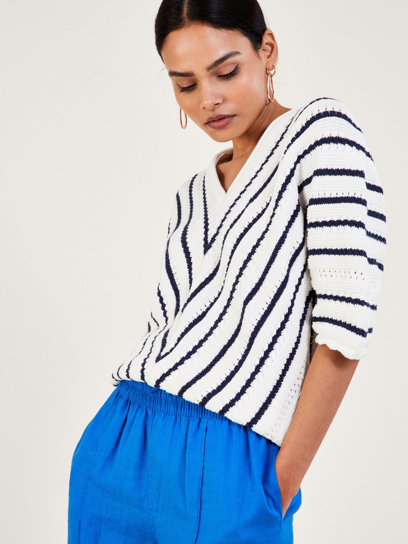 Cotton and viscose crew-neck jumper with chevron inserts Dark Blue