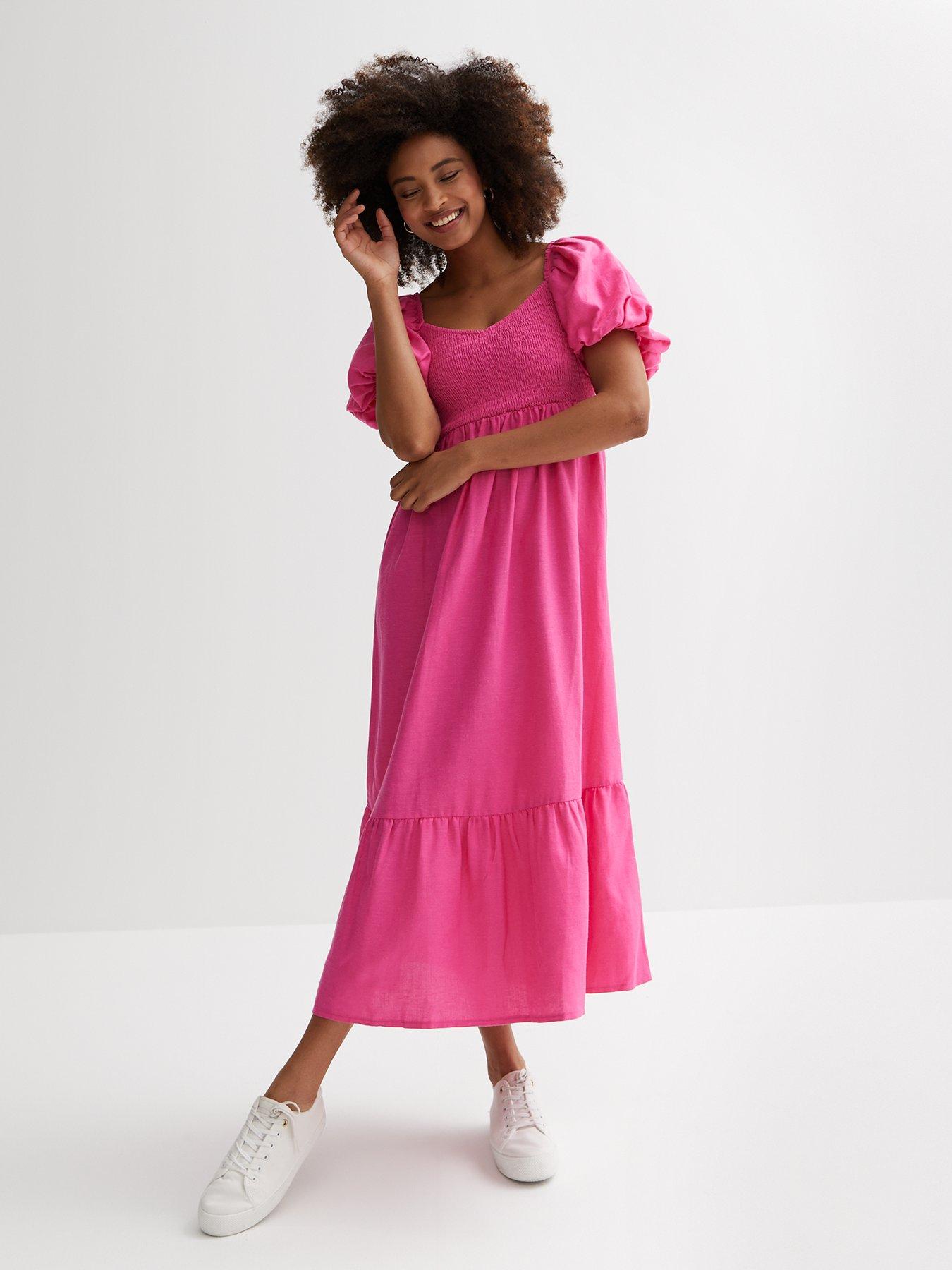 New Look Shirred Sweetheart Puff Sleeve Midi Dress - Pink