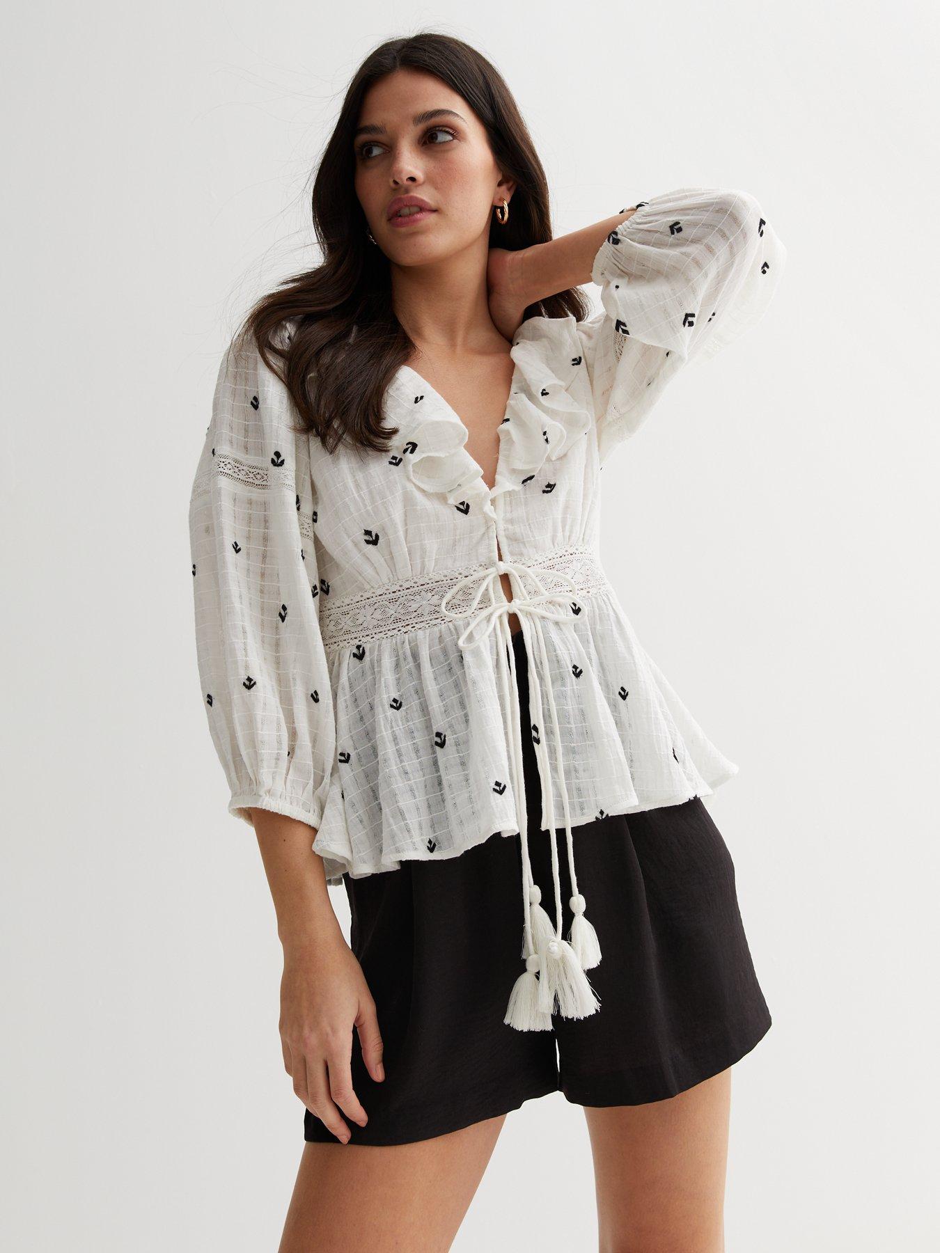 White Embroidered Oversized 3/4 Sleeve Tassel Top