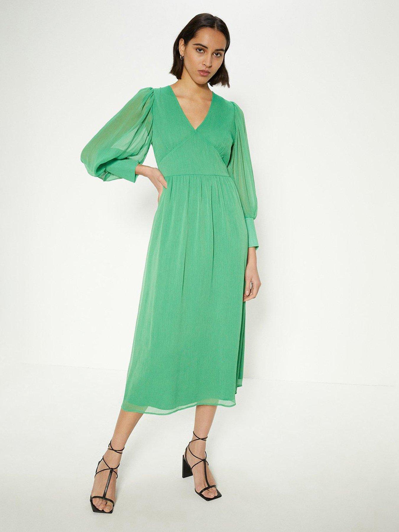 Oasis Puff Sleeve Pleated Midi Dress Green very.co.uk