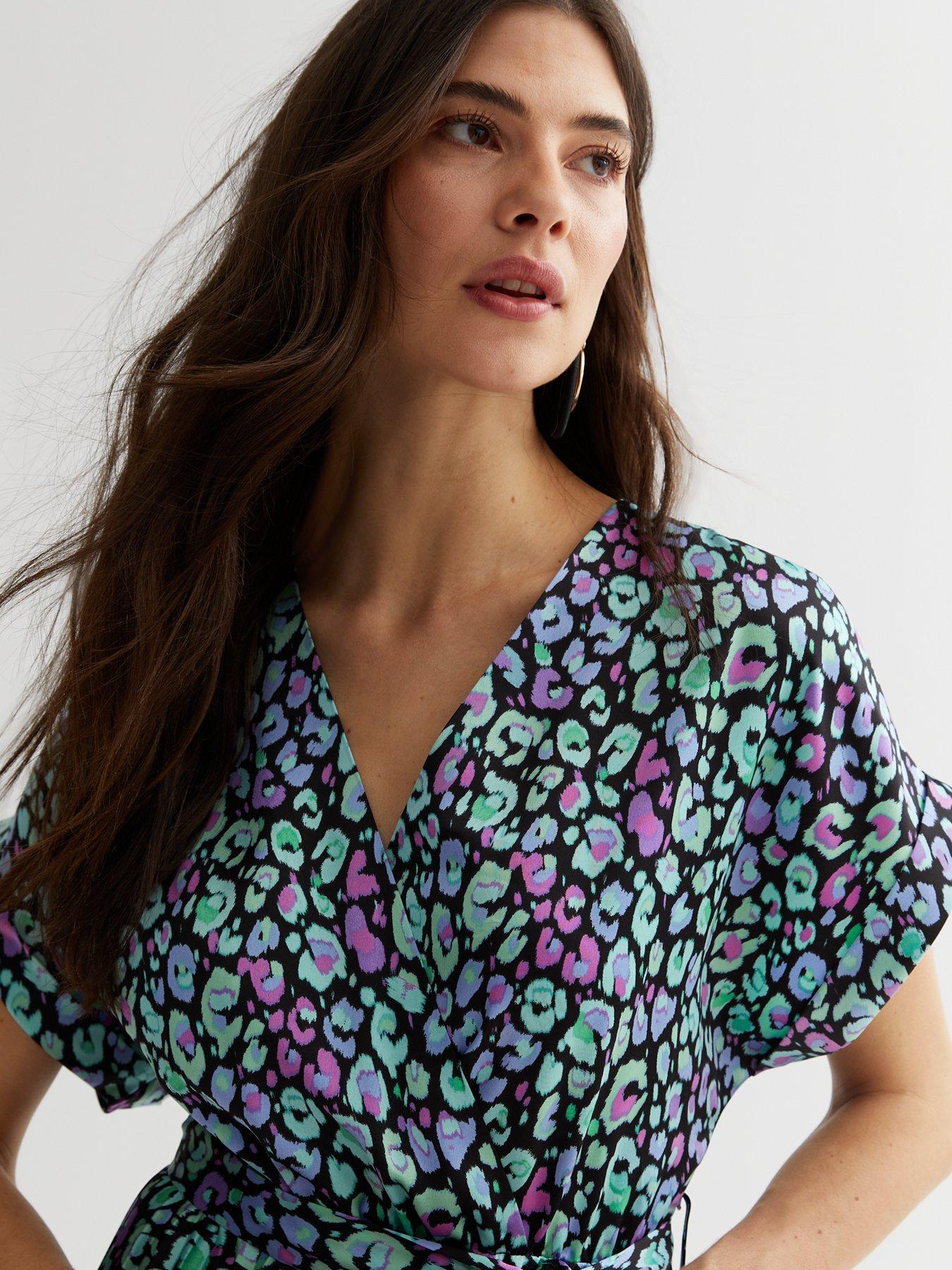 Green satin leopard print wrap dress sale