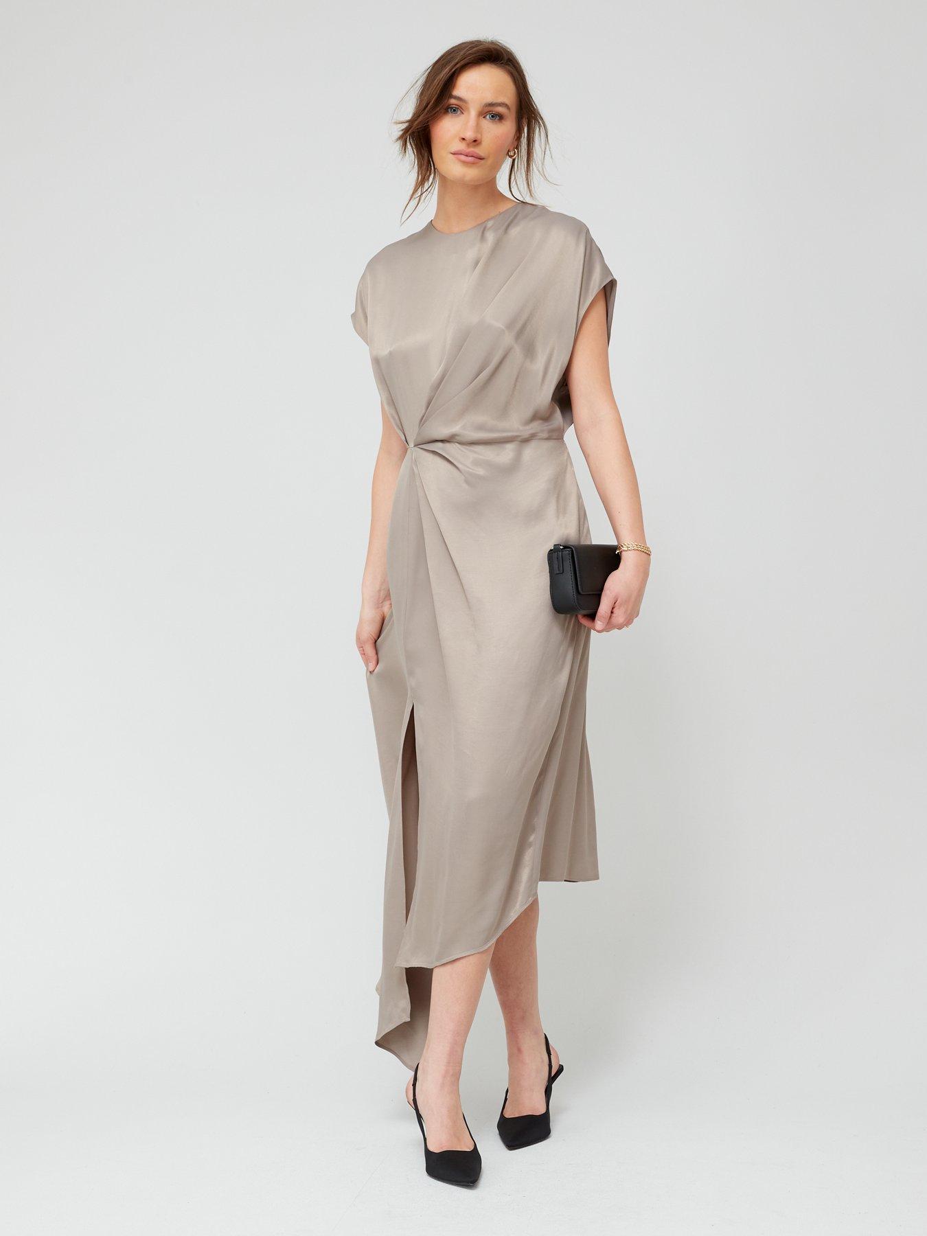 Grey silk midi clearance dress