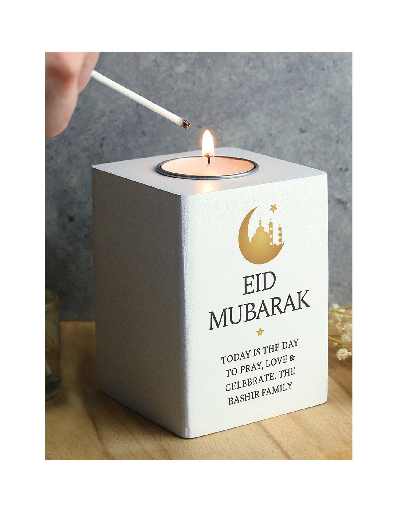 Product photograph of The Personalised Memento Company Personalised Eid White Wooden Tea Light Holder from very.co.uk