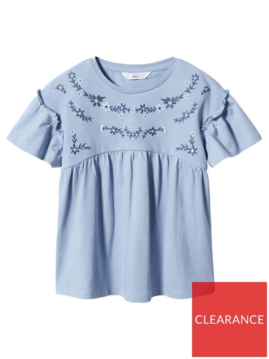 Mango Girls Flower Embroidered Jersey Blouse - Blue | very.co.uk