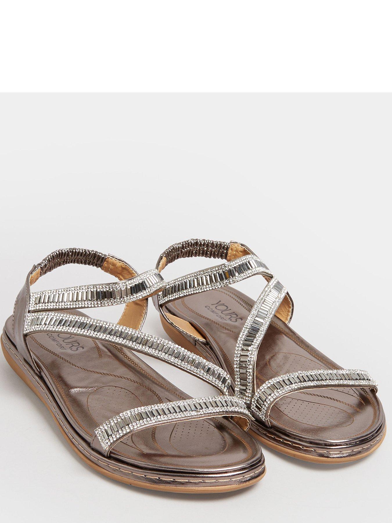 Wide Fit Silver Leather Diamanté Flip Flops