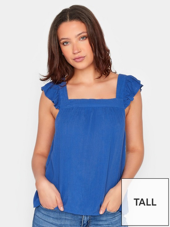 front image of long-tall-sally-cheese-cloth-frill-top-blue