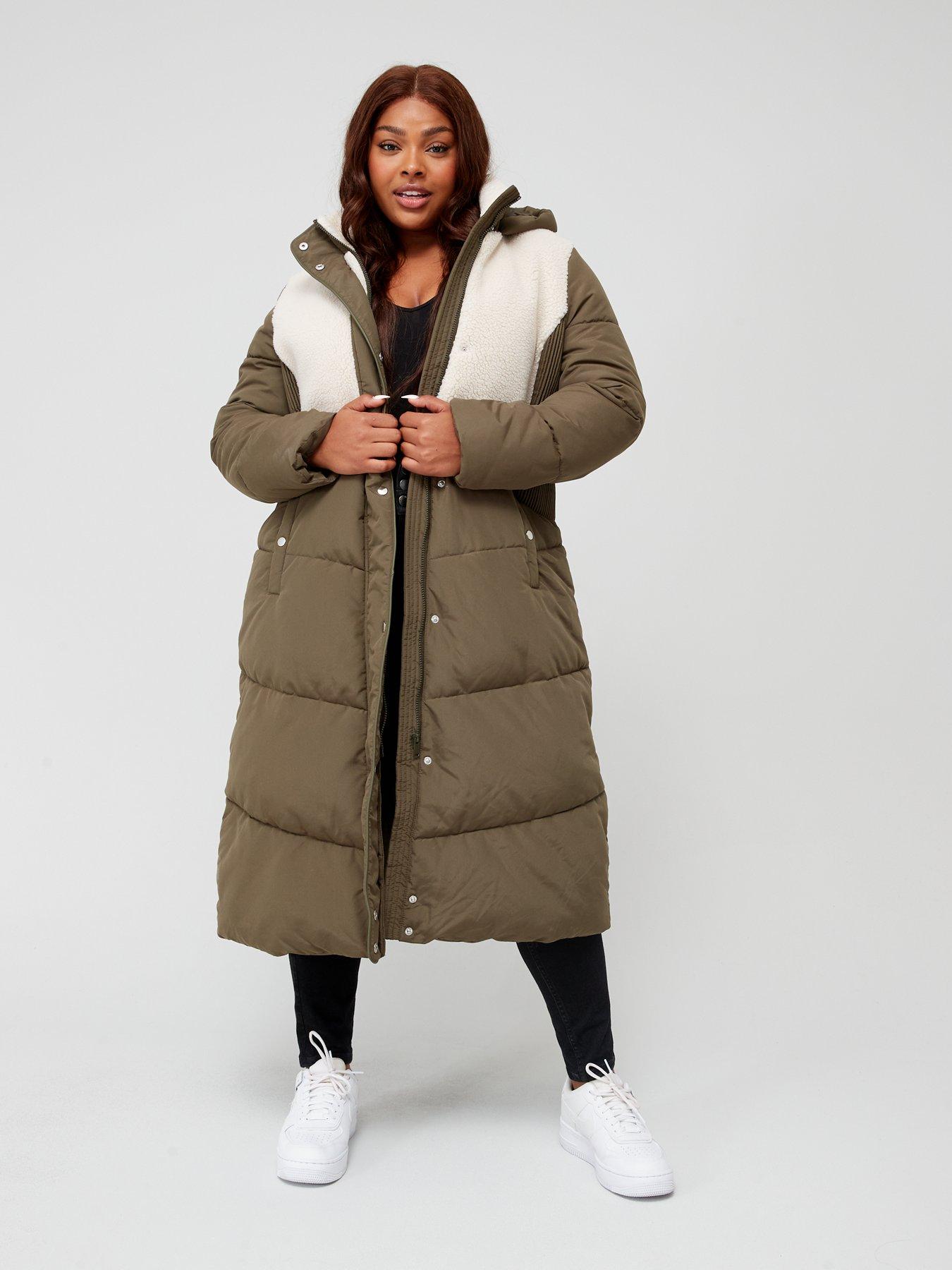 V by Very Curve Borg Pannelled Longline Puffer Coat - Khaki | very