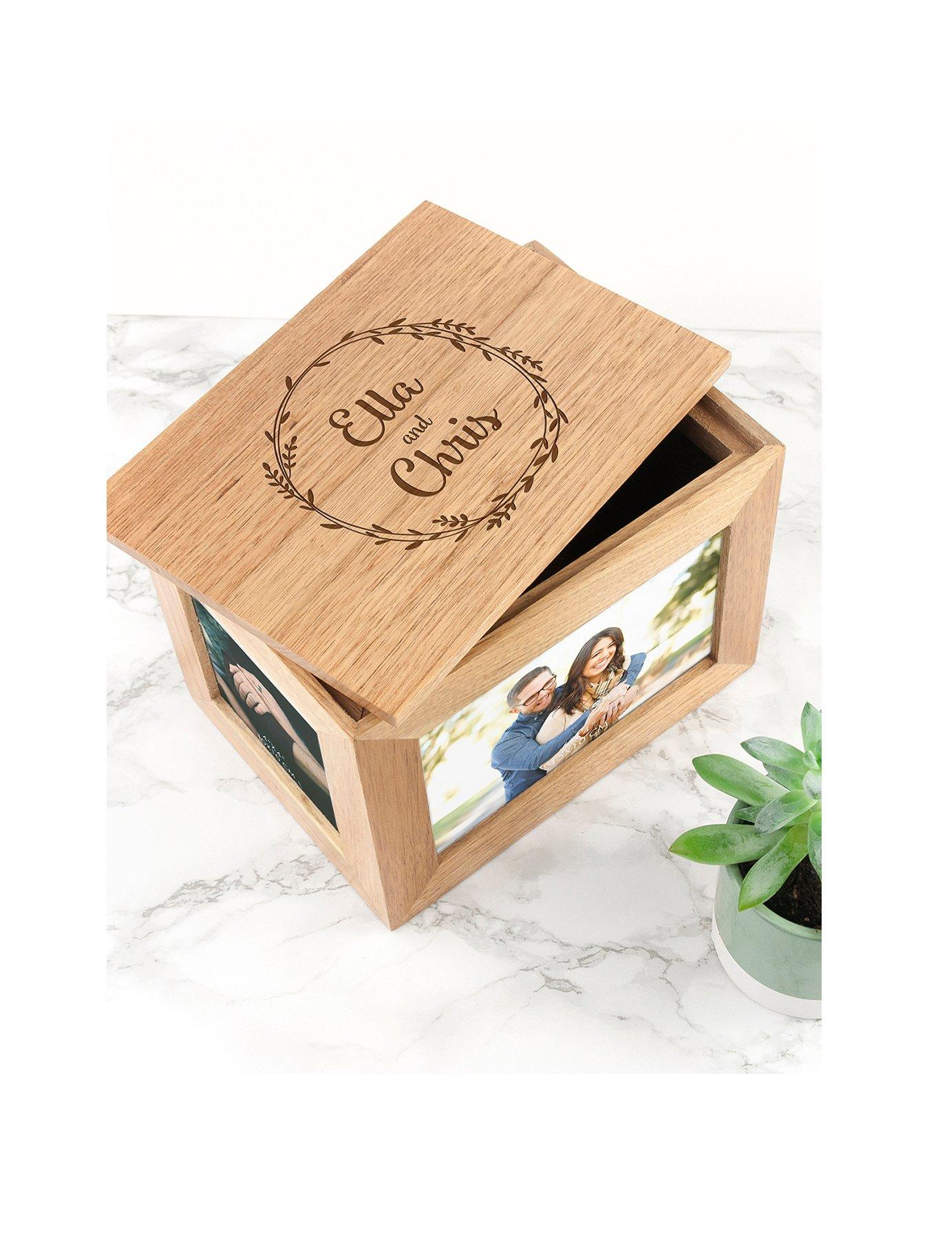 Product photograph of Treat Republic Personalised Couples Midi Oak Photo Cube Keepsake Box With Wreath Design from very.co.uk