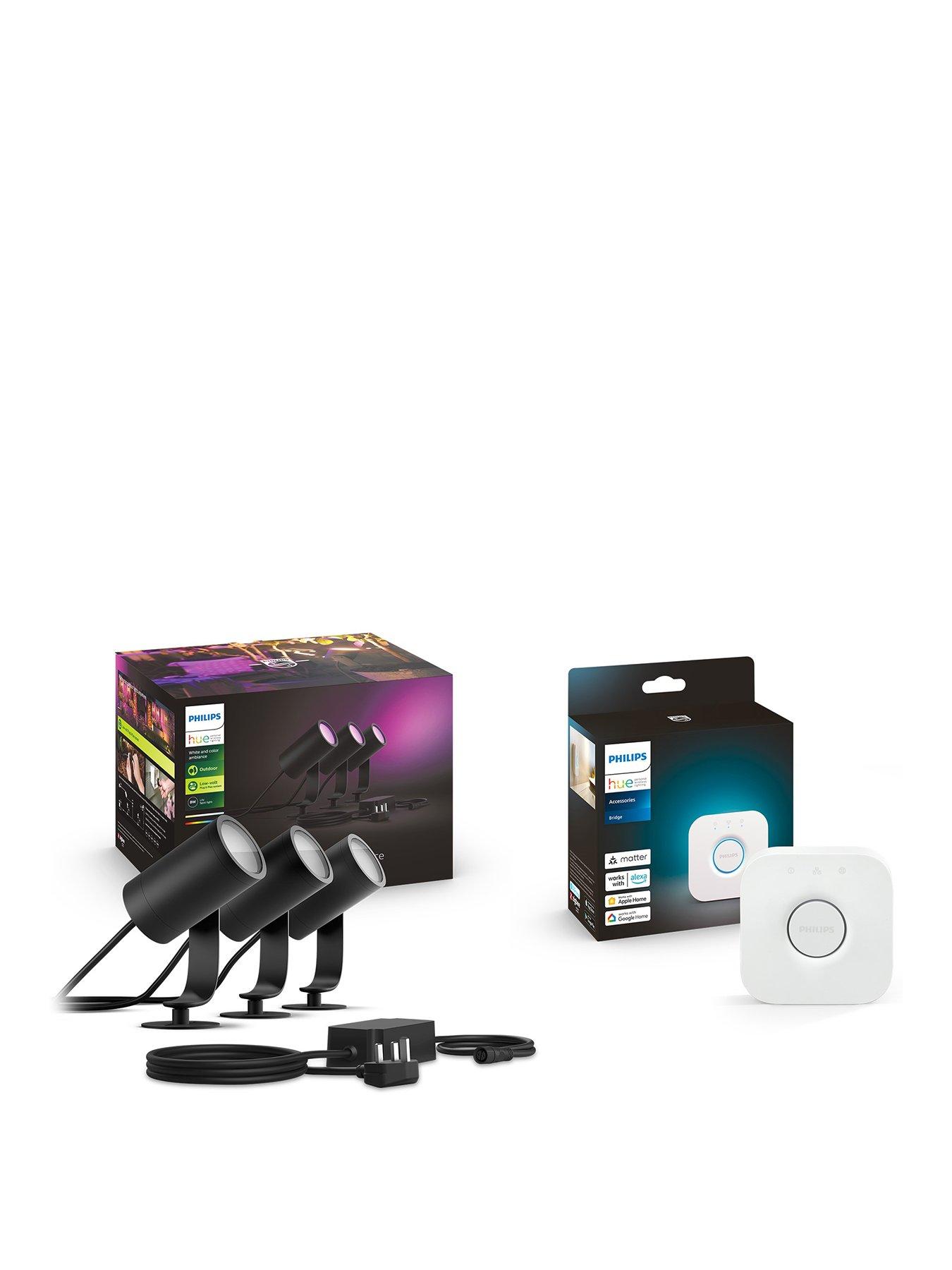 Product photograph of Philips Hue Hue Lily White And Colour Ambiance Outdoor Smart Spotlight Base Kit With Hue Bridge from very.co.uk