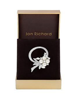 jon richard rhodium plated open bouquet pearl and crystal brooch - gift boxed