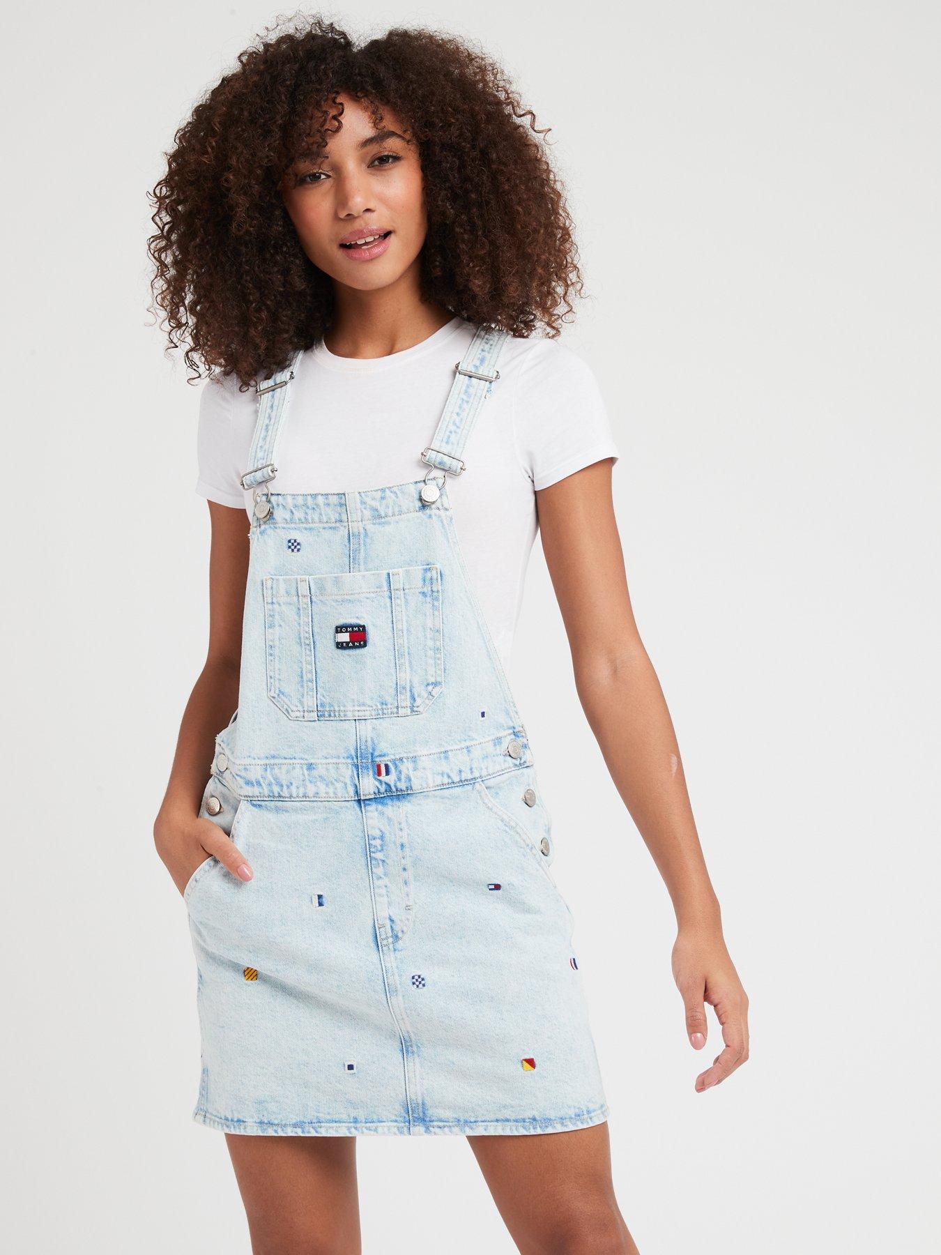 Tommy Jeans logo detail denim dungaree dress in blue