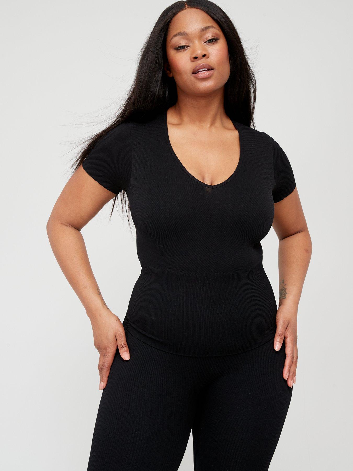 V by Very Curve Seamless Fitted Chevron Rib V-Neck Top - Black