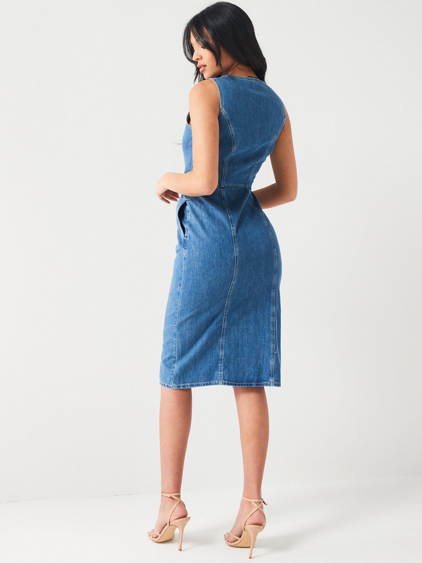 V by Very Button Through Denim Midi Dress Dark Wash very
