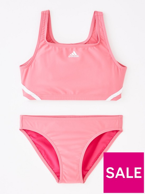 front image of adidas-junior-girls-3-stripe-bikini-pink