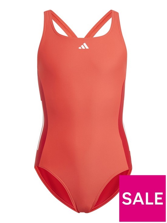 front image of adidas-younger-girls-cut-3-stripe-swimsuit-red