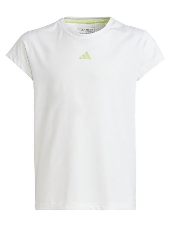 front image of adidas-junior-girls-train-icons-3-stripes-tee-white