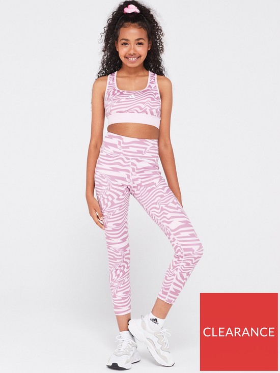 front image of adidas-junior-girls-train-icons-printed-bra-medium-support-pink