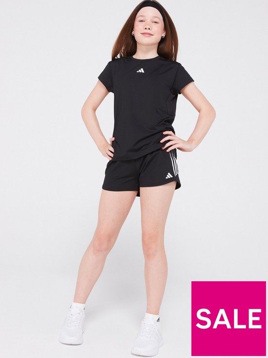 front image of adidas-junior-girls-train-icons-3-stripes-tee-blackwhite