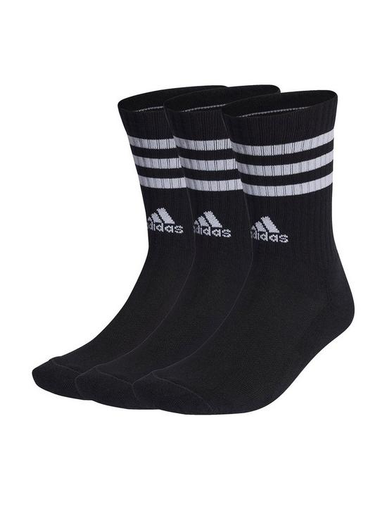 front image of adidas-unisex-3-pack-cushioned-3-stripe-crew-socks-black