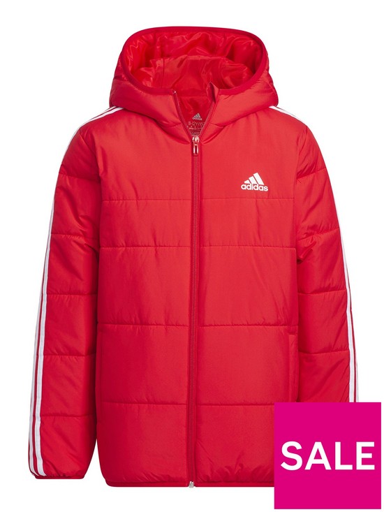 front image of adidas-sportswear-junior-3-stripe-padded-jacket-red