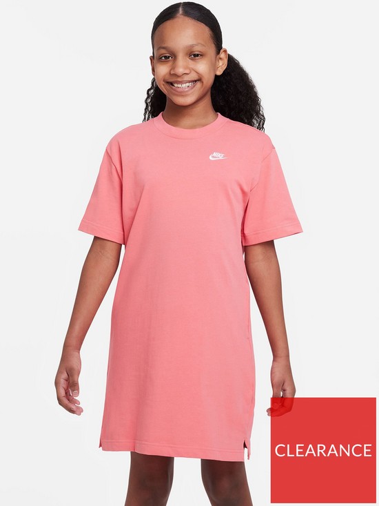 front image of nike-older-girls-sportswear-t-shirt-dress-pink