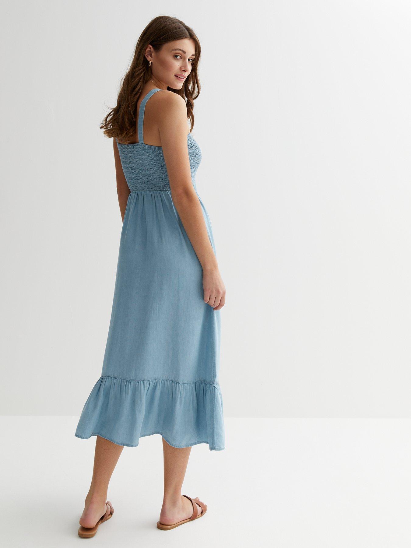 New Look Denim Shirred Tiered Midi Dress - Blue | very.co.uk