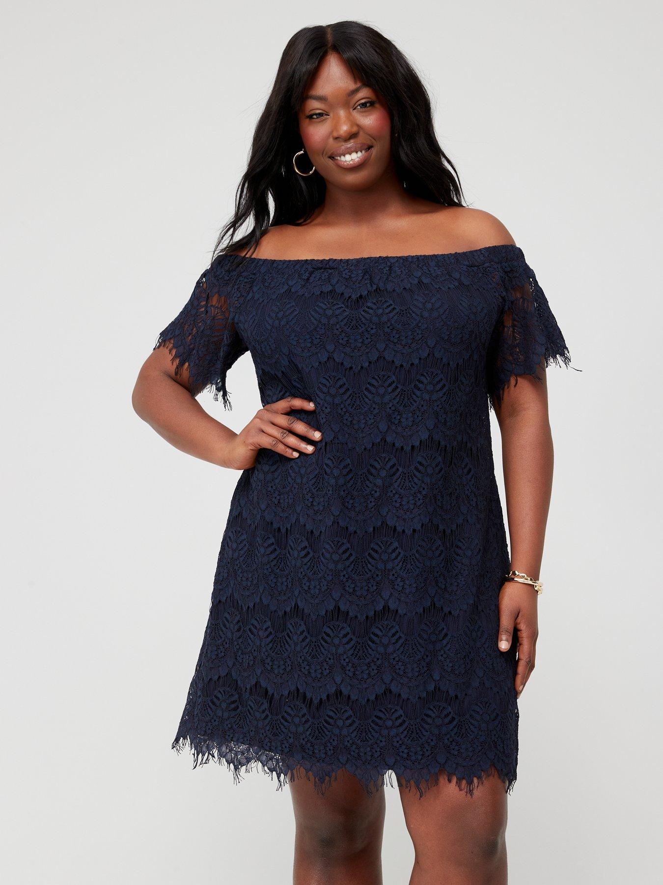 City Chic Lace Off Shoulder Dress - Navy