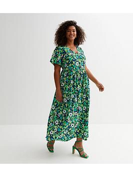 new look curves green floral button front midi dress, print, size 20, women