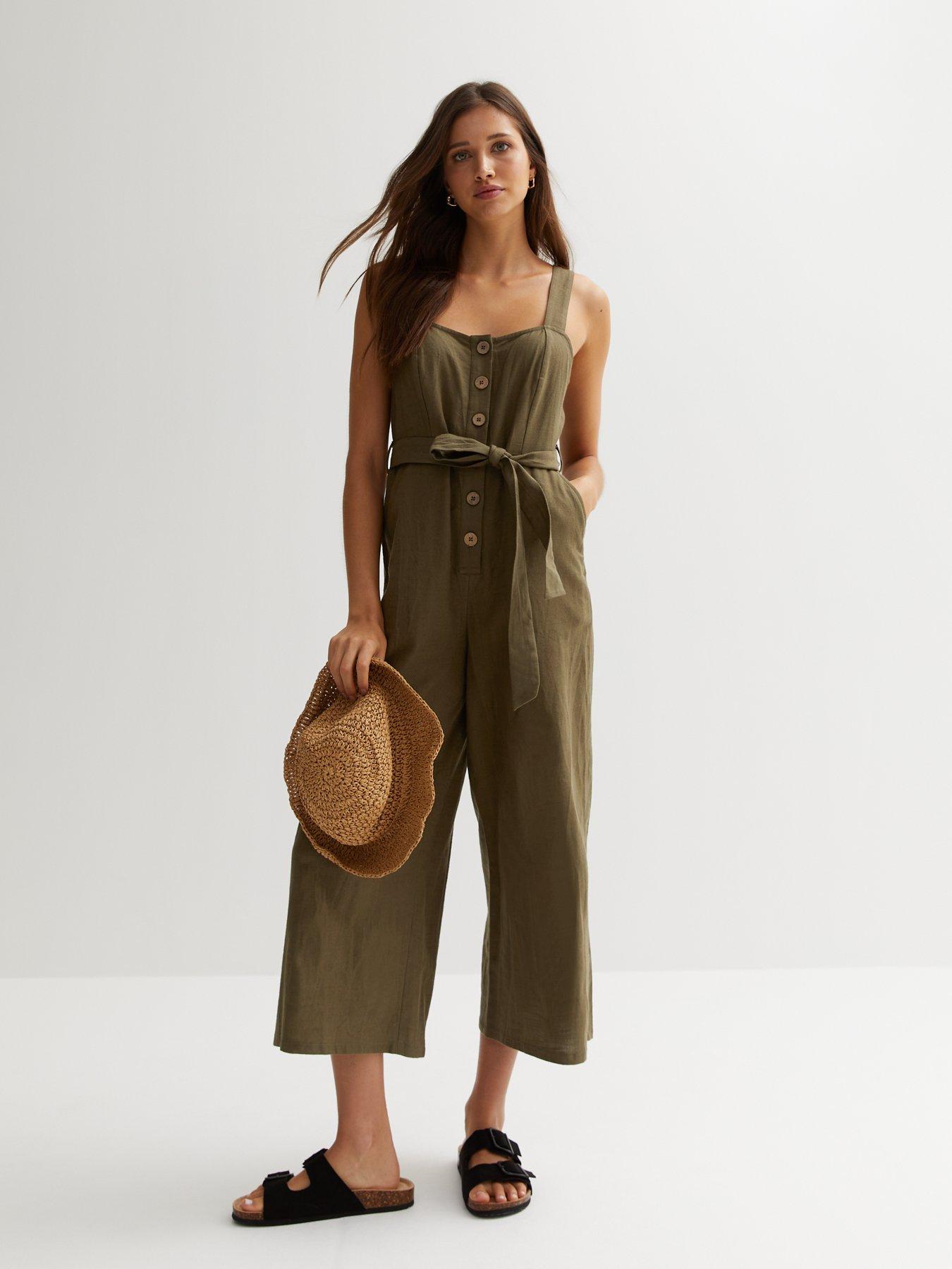 New Look Khaki Cotton Button Front Jumpsuit