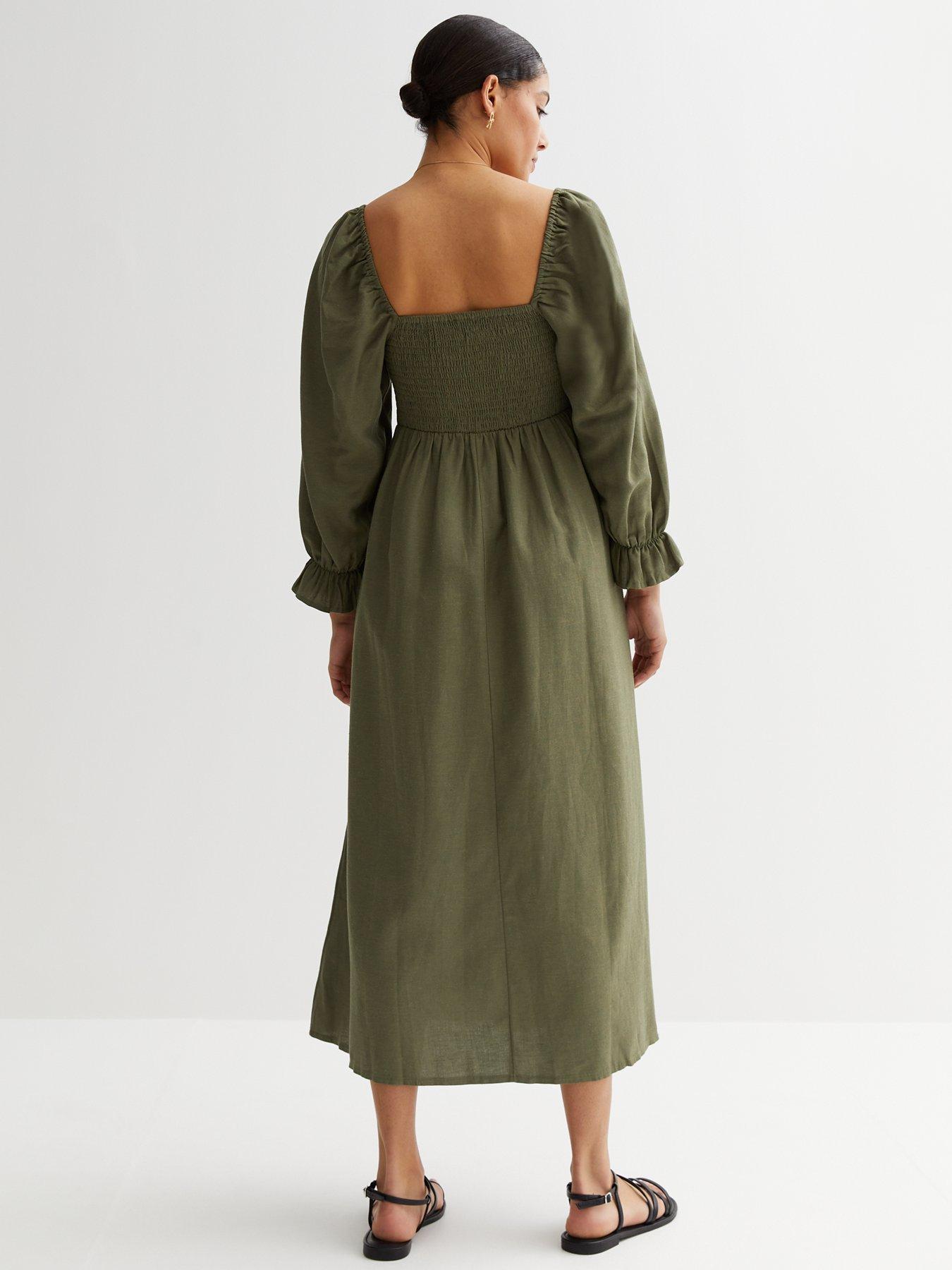 New Look Khaki Shirred Long Sleeve Midi Dress | very.co.uk
