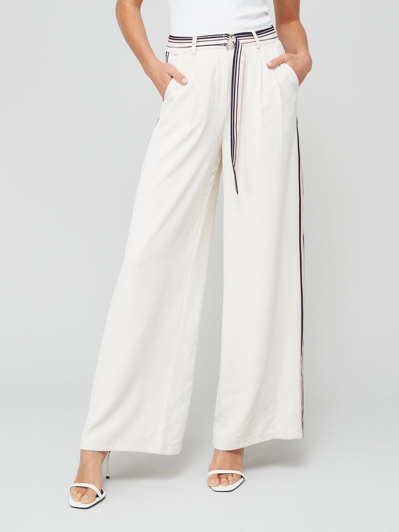 Side Stripe Belted Wide Leg Trouser - Ecru