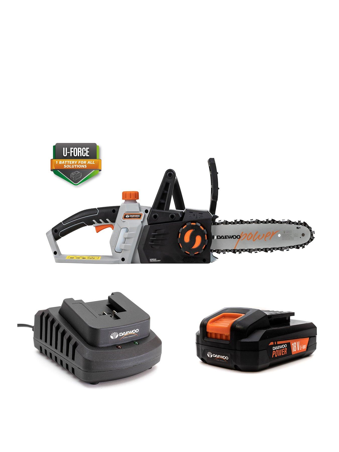 Product photograph of Daewoo U-force Series Battery Operated Cordless Chainsaw 2mah Battery Amp Charger Included from very.co.uk