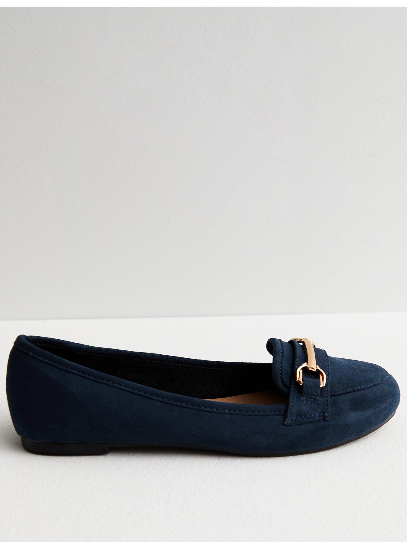 Navy Suedette Gold Buckle Loafers