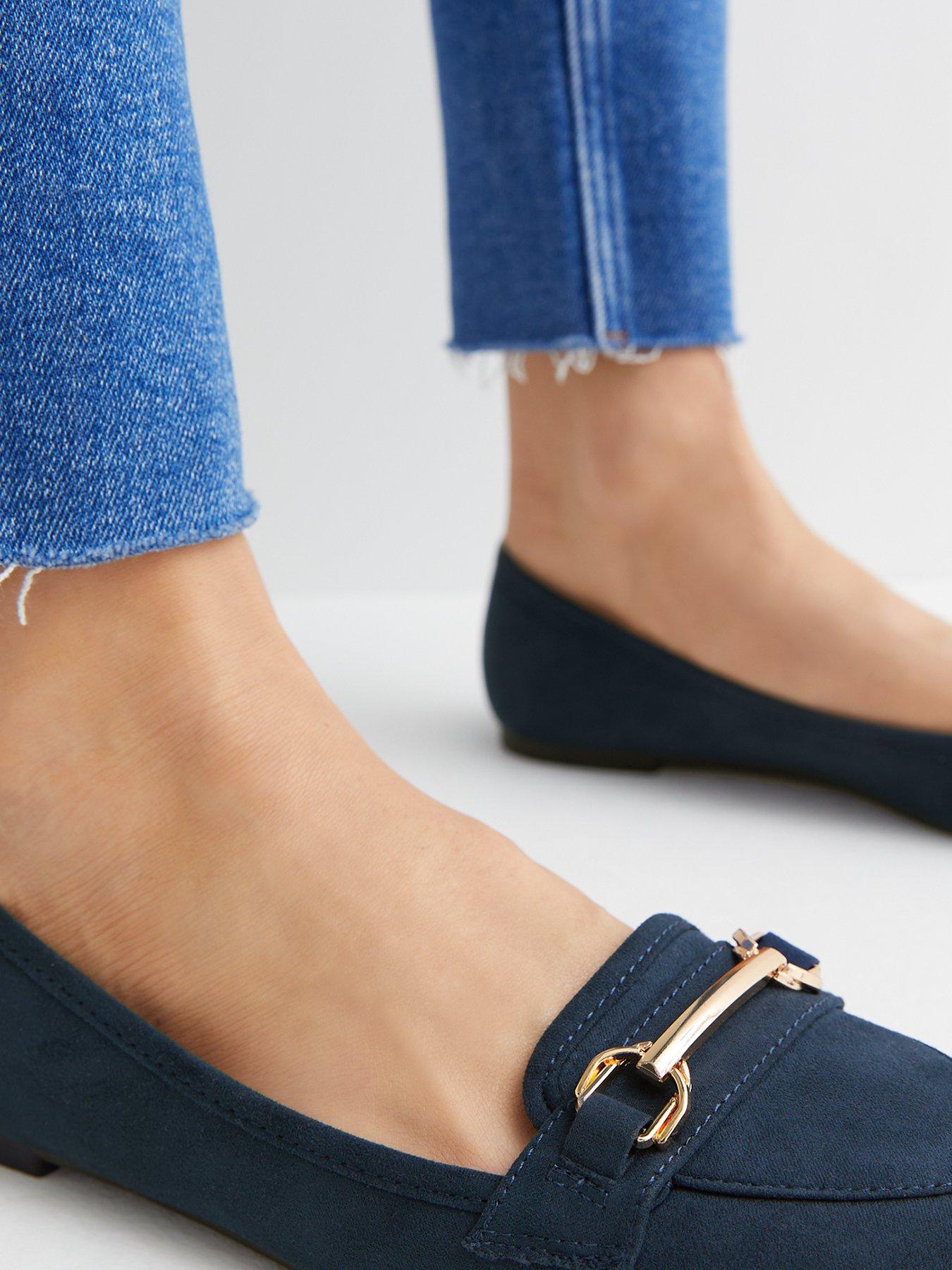 Navy Suedette Gold Buckle Loafers