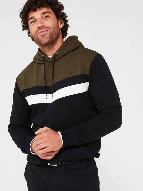front image of very-man-chevron-cut-and-sew-hoody-khakiblack