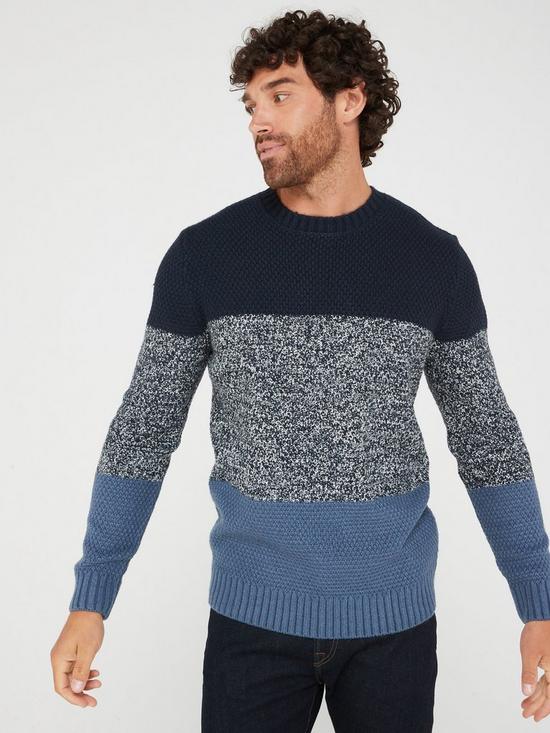 front image of very-man-tonal-colour-block-knitted-jumper-navy