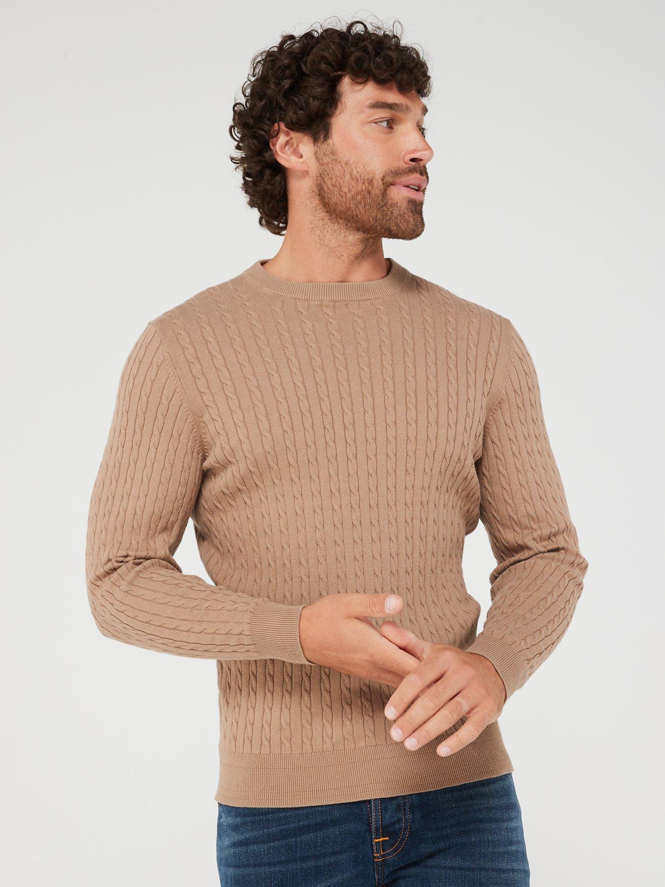 Very Man Cotton Rich Fine Gauge Cable Crew Jumper - Beige | very.co.uk