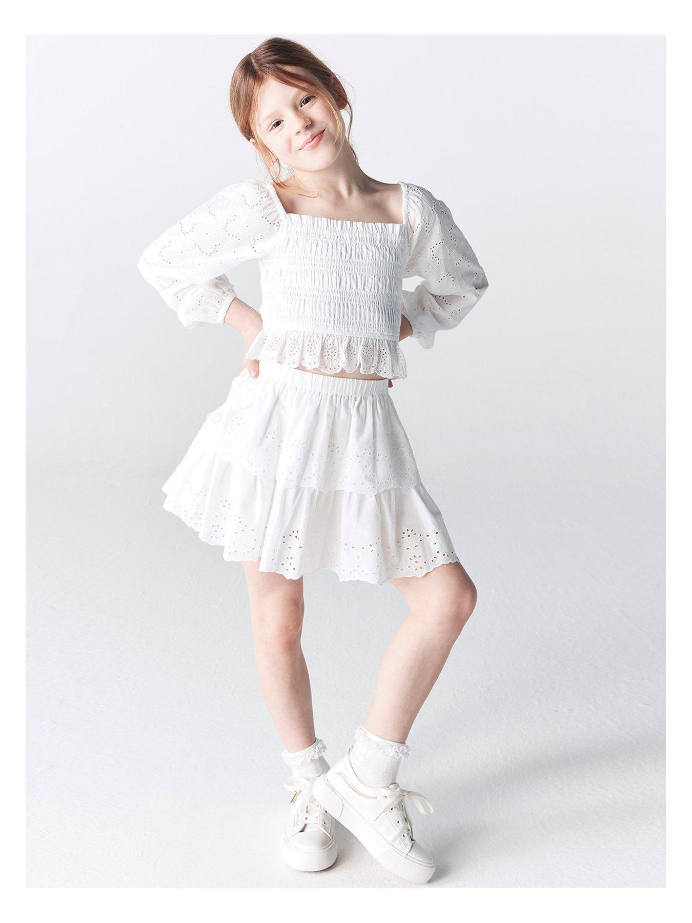 River Island Girls Shirred Broderie Skirt Set - White | very.co.uk