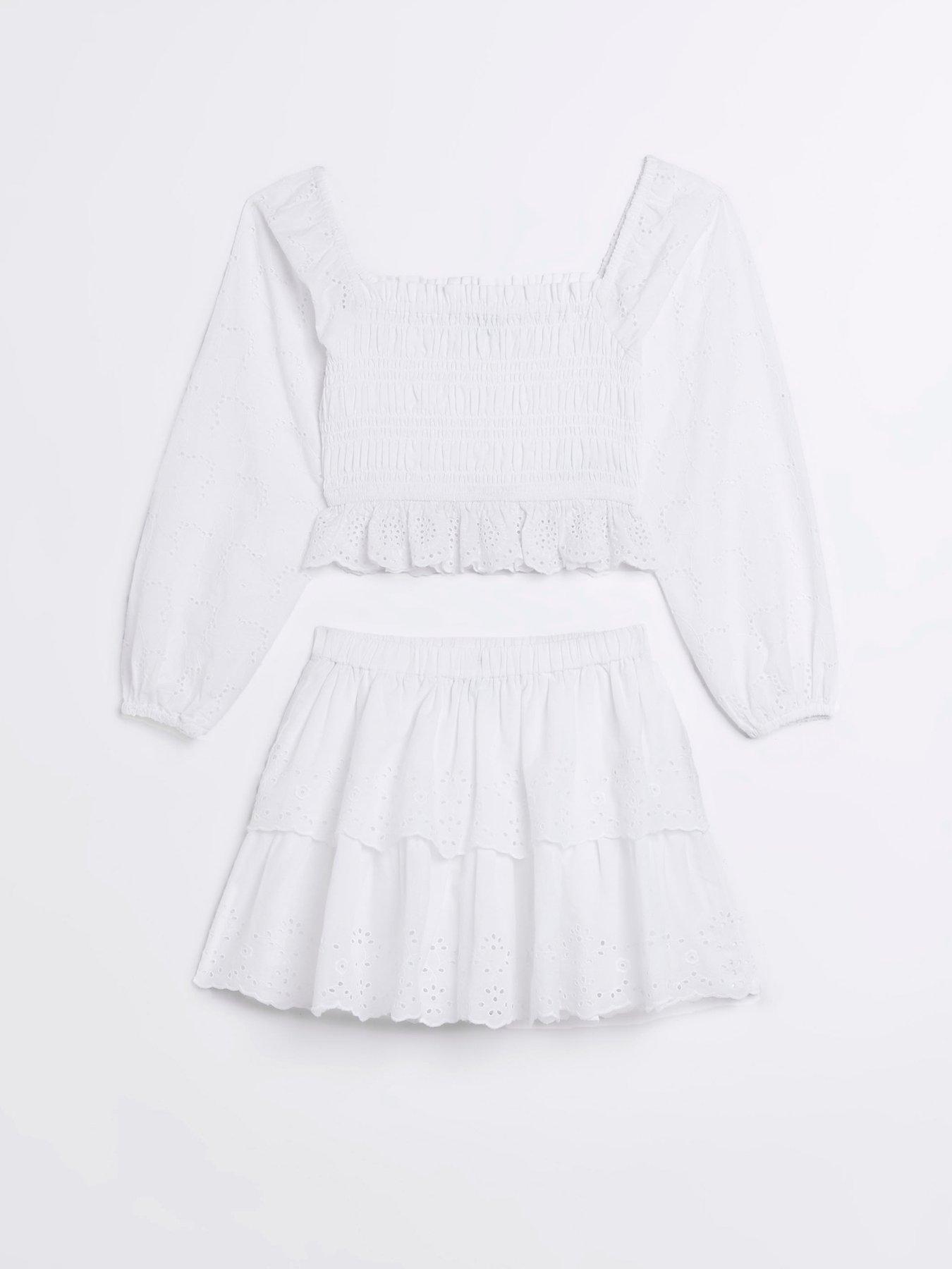 River Island Girls Shirred Broderie Skirt Set - White | very.co.uk