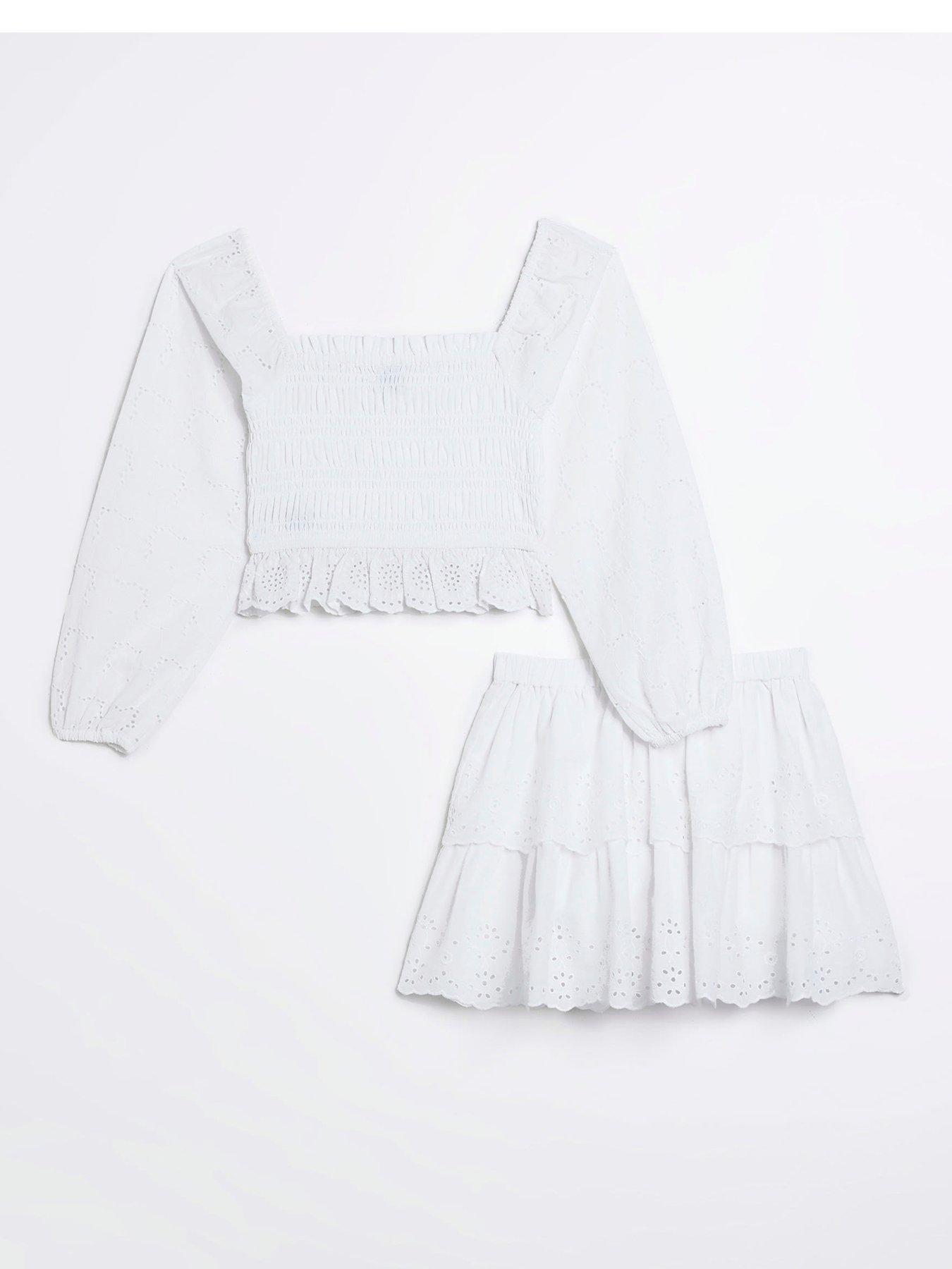 River Island Girls Shirred Broderie Skirt Set - White | very.co.uk