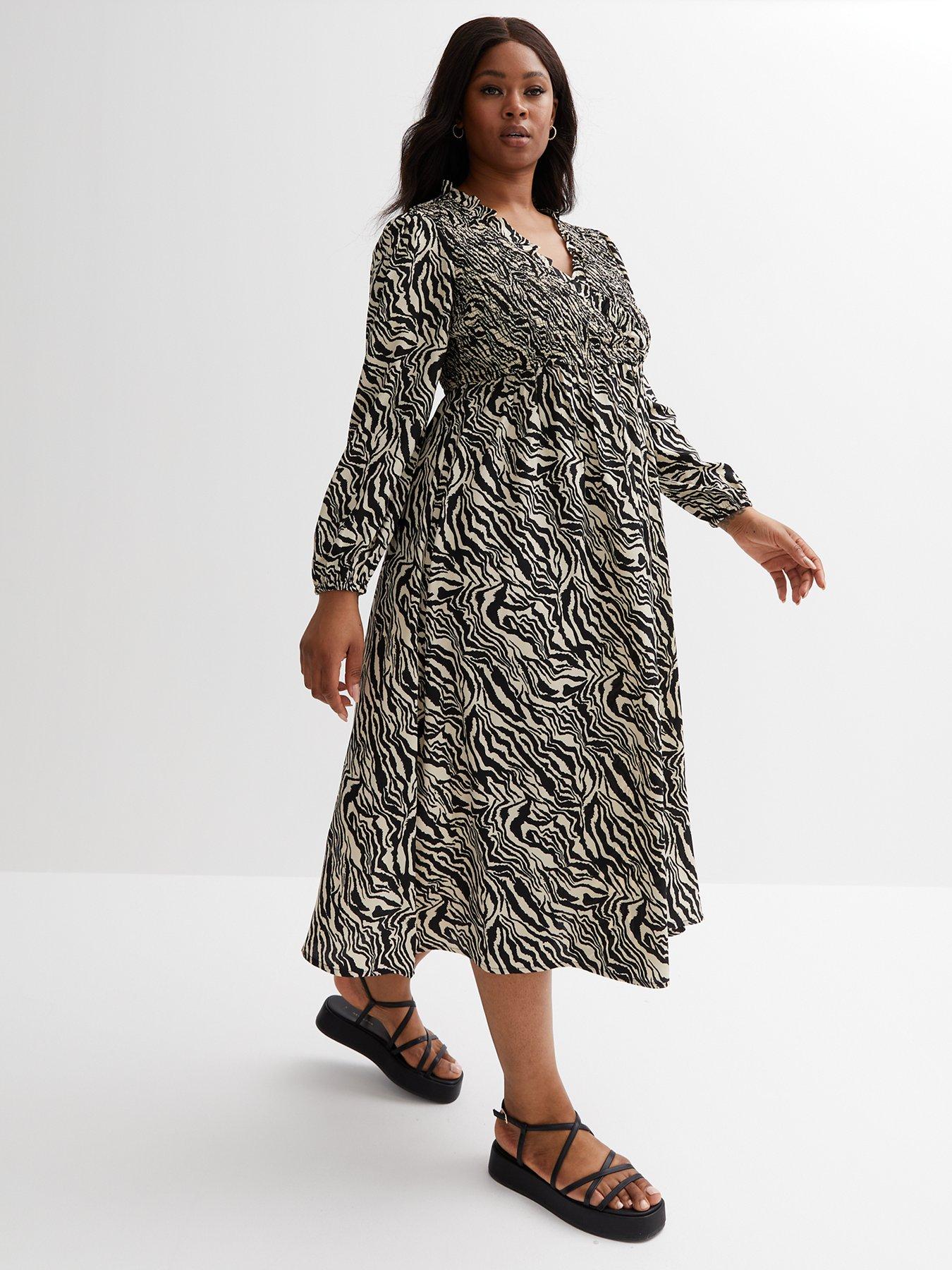 New Look Curve Zebra Print Shirred Midi Wrap Dress - Brown