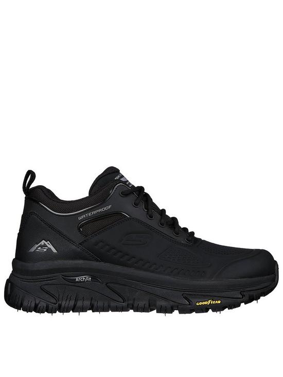 front image of skechers-outdoor-arch-fit-goodyear-rubber-waterproof-mid-boots-black