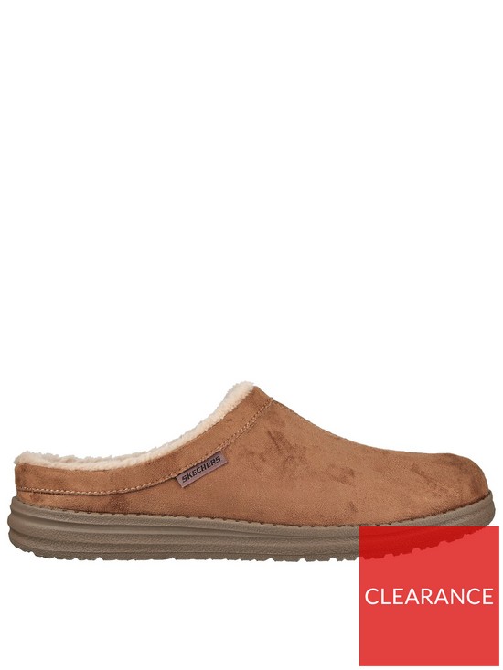 front image of skechers-melson-faux-fur-lining-slipper-brown