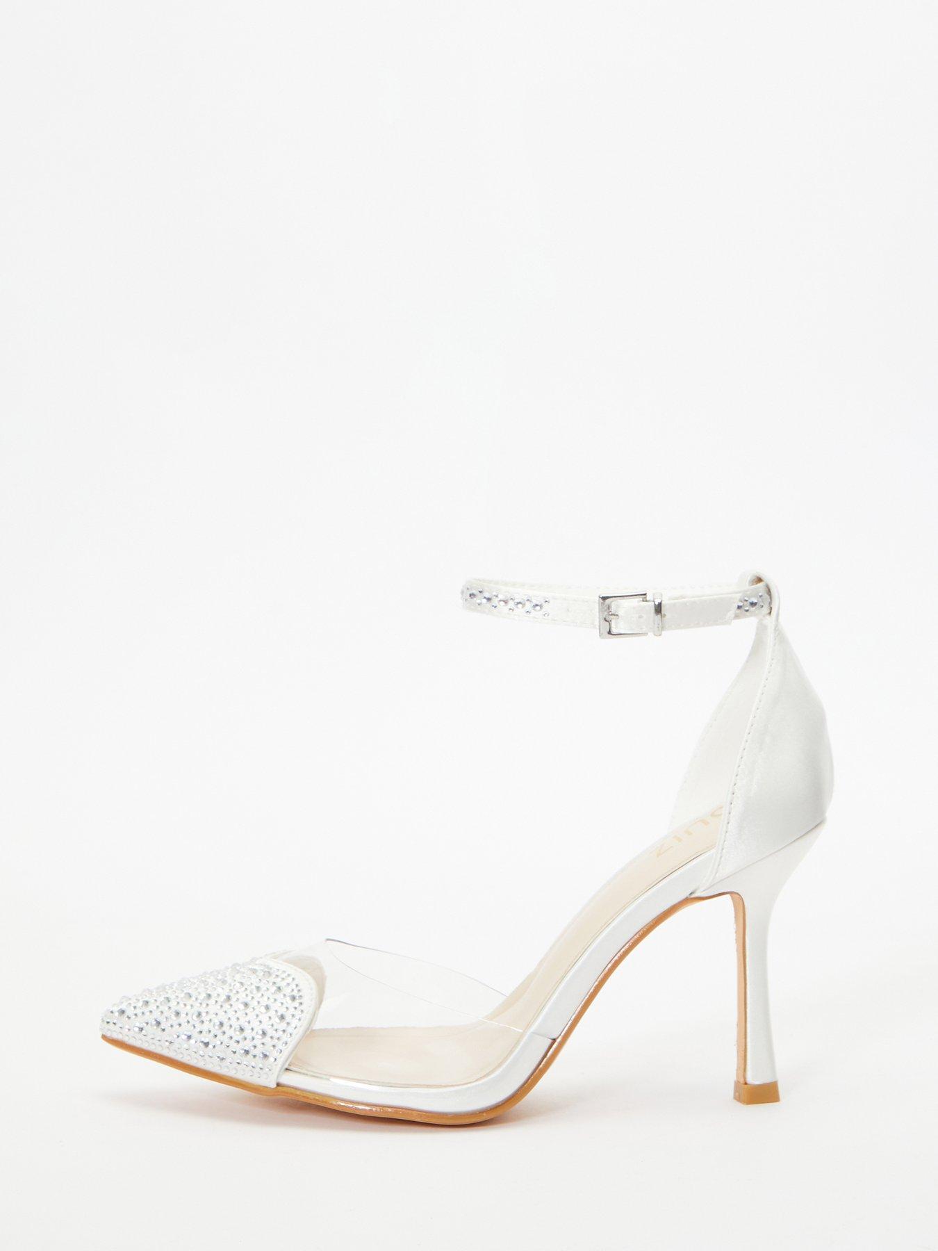 Quiz Bridal Satin Diamante Heart Court Heels White